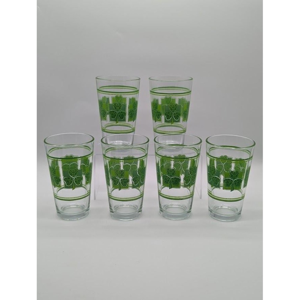 6 Set Vintage Libbey 16oz Shamrock Glasses St Patricks Day Clover Green Tumbler